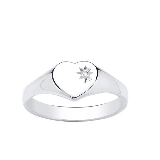 Heart Diamond Signet Ring Solid Sterling Silver Ladies