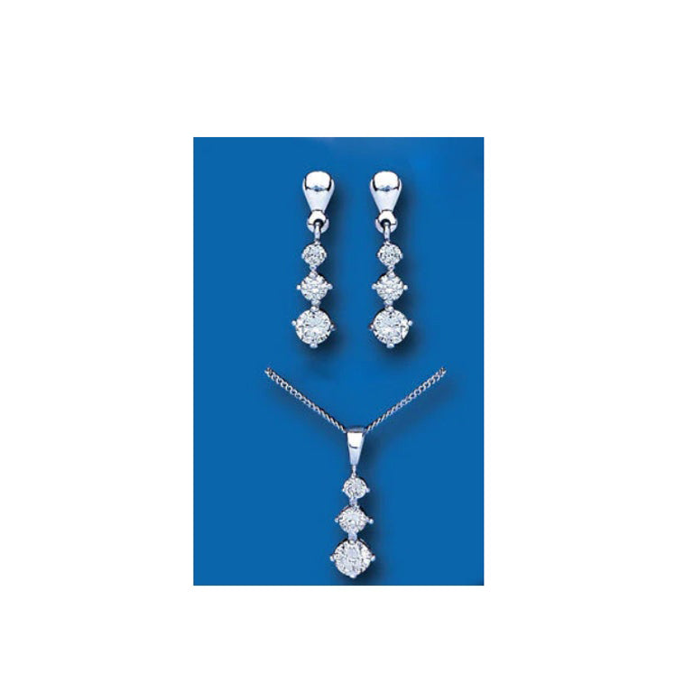 White Gold Pendant and Earrings Set Three Stone Trilogy Solid Gold Hallmarked