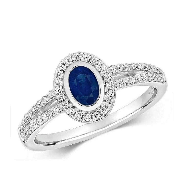 Real Sapphire and Diamond Ring 18ct White Oval Halo Cluster Split Shank