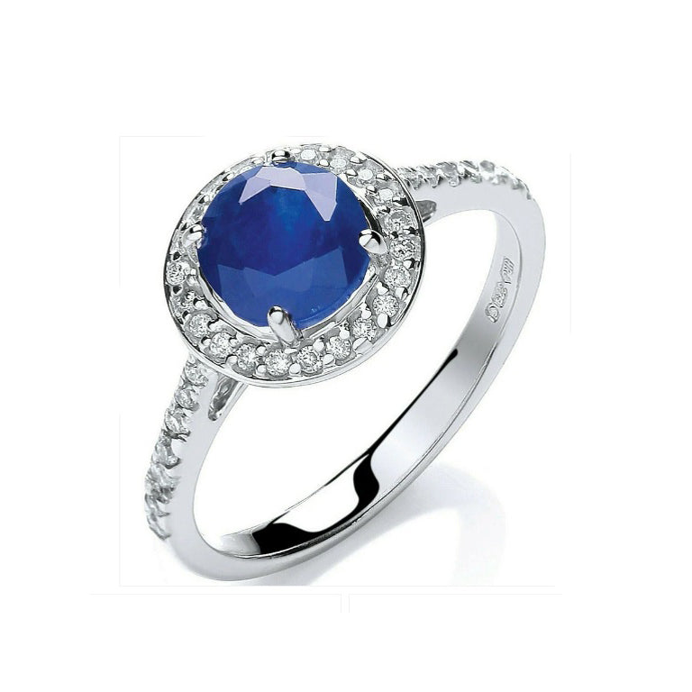 9ct White Gold 0.20ct Diamond, 0.65ct 5mm Sapphire Ring