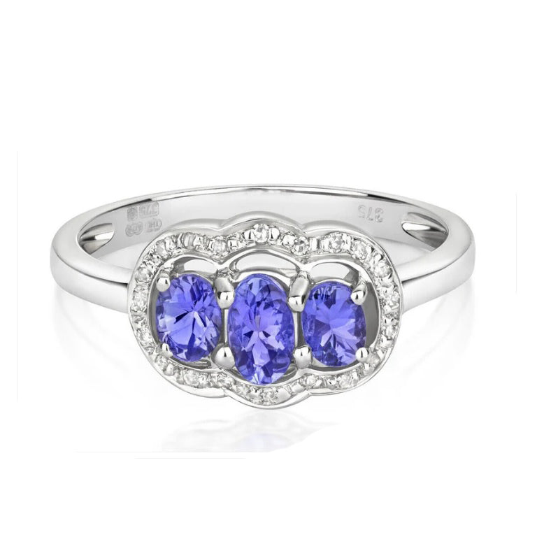 9ct White Gold Tanzanite and Diamond Ring Oval Three Stone Halo Size J - Q