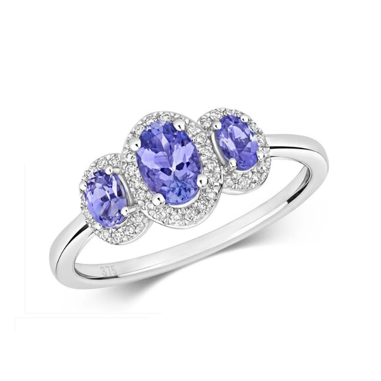 Real Tanzanite and Diamond Ring 9ct White Gold Three Stone Size J - Q