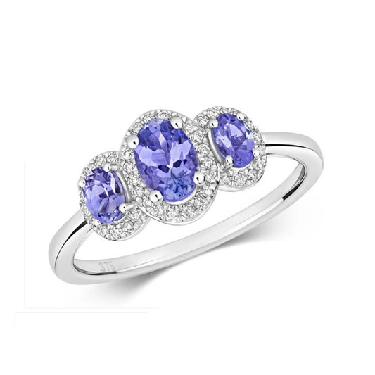 Real Tanzanite and Diamond Ring 9ct White Gold Three Stone Size J - Q
