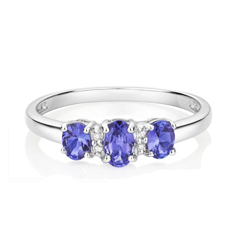 Real Tanzanite and Diamond Ring 9ct White Gold Trilogy Three Stone Size J - Q