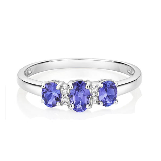 Real Tanzanite and Diamond Ring 9ct White Gold Trilogy Three Stone Size J - Q
