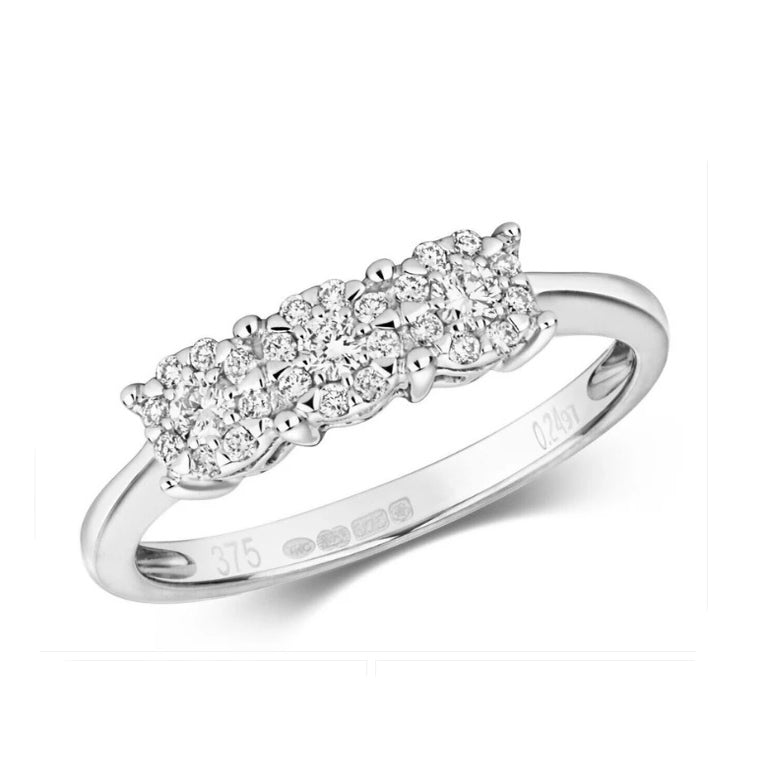 Real Diamond Ring Three Stone Cluster 9ct White Gold Trilogy 0.24ctw Size J-Q