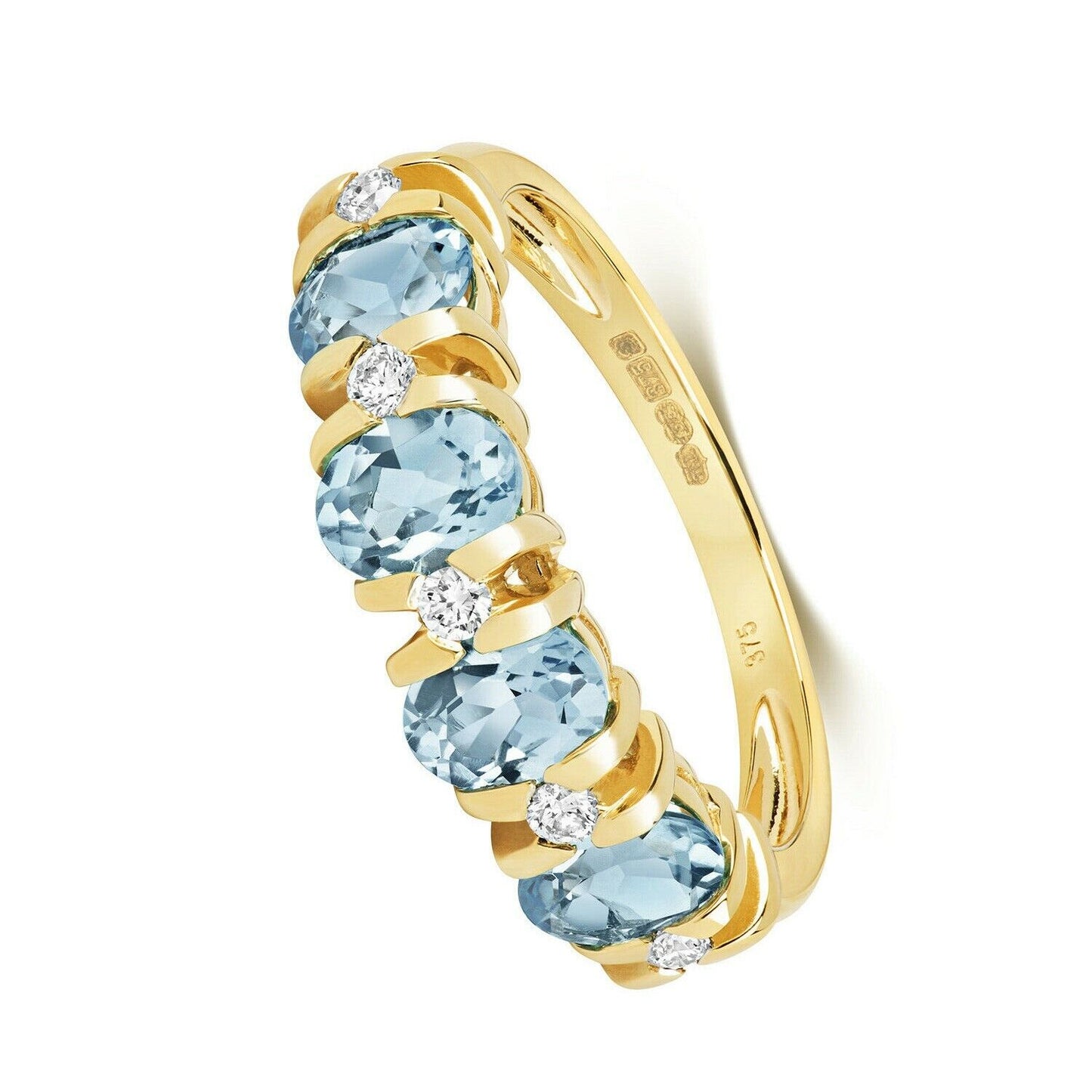 Yellow gold blue topaz and diamond ring with oval blue topaz stones and round diamonds set in gold band