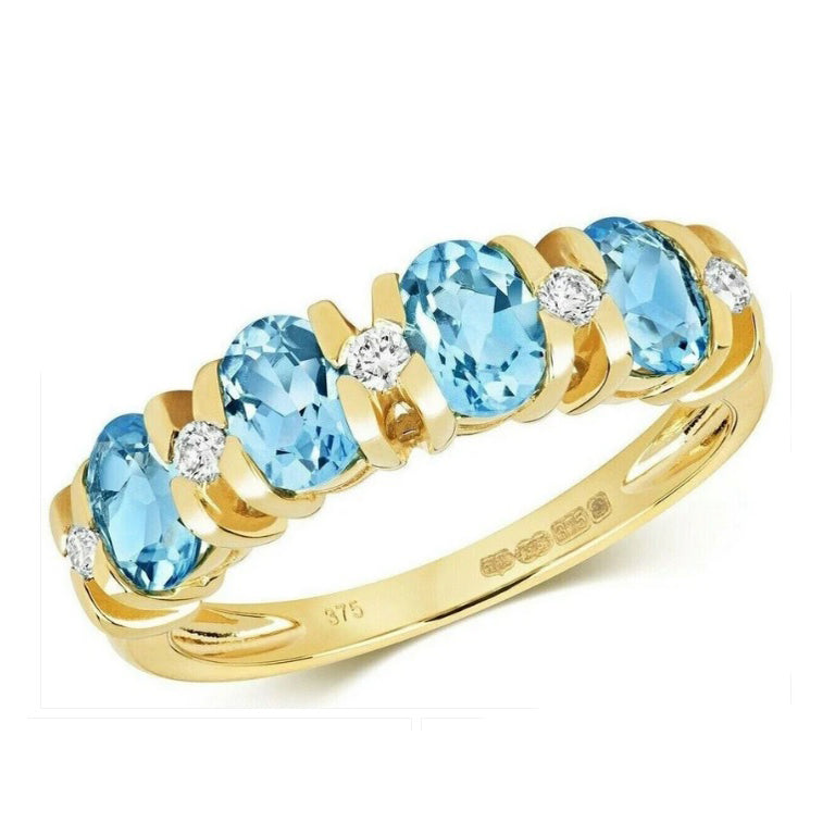 J R Jewellery yellow gold blue topaz and diamond ring with five oval blue topaz gemstones and sparkling diamonds