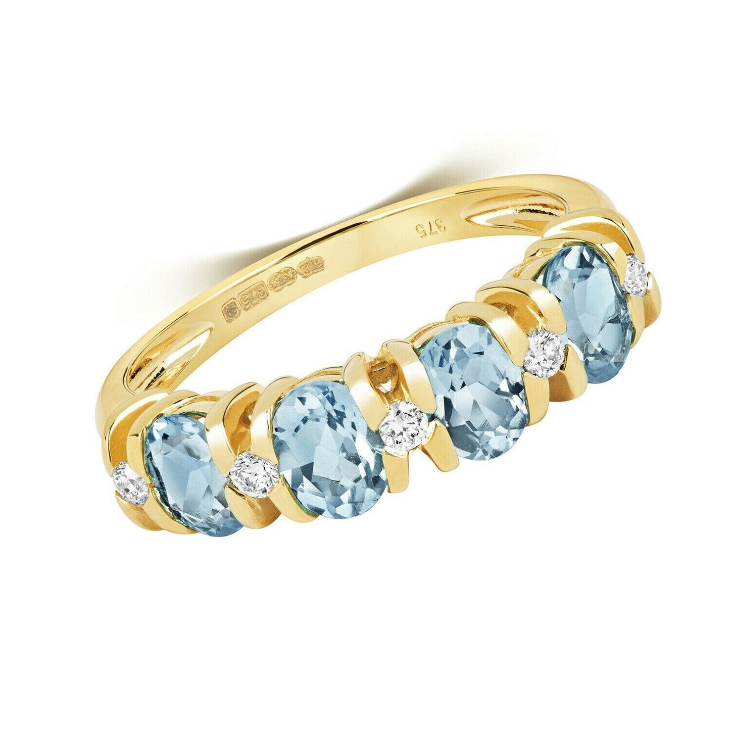 J R Jewellery yellow gold blue topaz and diamond ring with oval blue topaz stones and round diamonds
