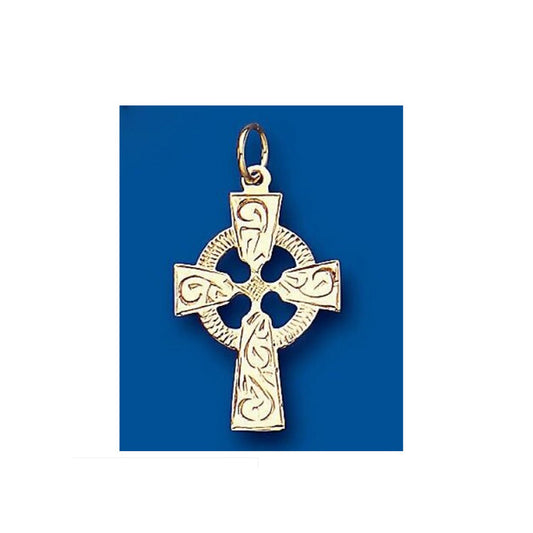 Yellow gold Celtic cross pendant with intricate engraved designs on a blue background