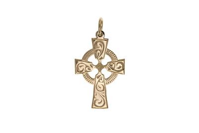J R Jewellery yellow gold Celtic cross pendant with intricate Celtic knotwork design