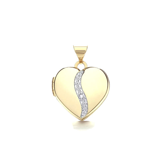 Yellow gold heart locket necklace with a silver textured wave design down the centre