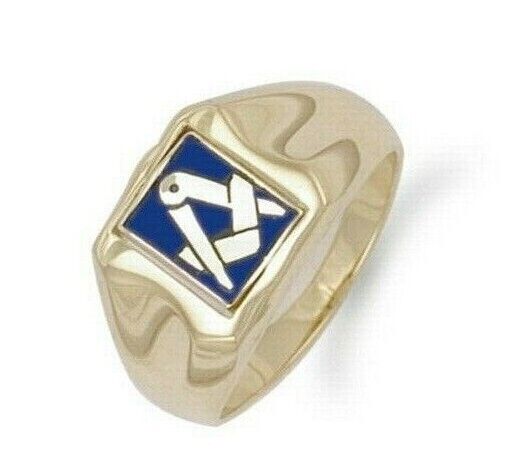 Yellow gold masonic signet ring with blue enamel and engraved Masonic square and compass symbol