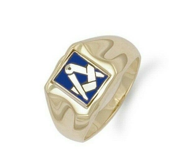 Yellow gold masonic signet ring with blue enamel square and compass design by J R Jewellery