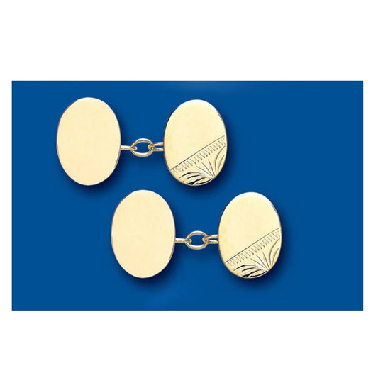 Yellow gold oval cufflinks for men with engraved detailing on one side by J R Jewellery
