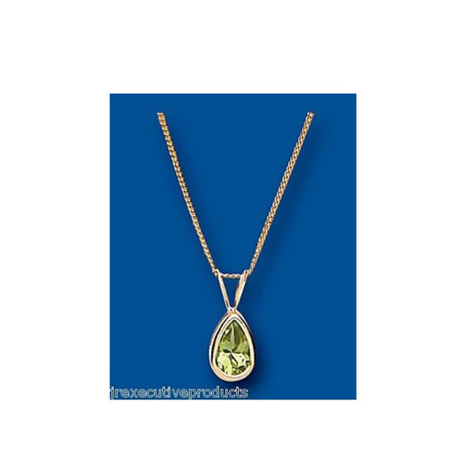 Yellow gold peridot pendant necklace with teardrop-shaped green gemstone on fine chain