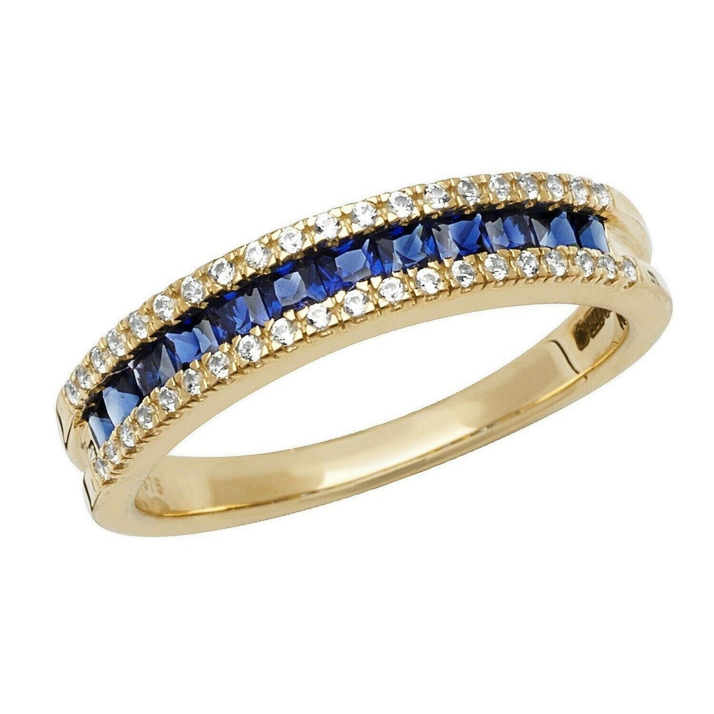 Yellow gold sapphire eternity ring with a row of blue sapphires flanked by sparkling diamonds