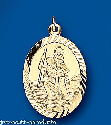 J R Jewellery yellow gold St Christopher pendant with detailed oval design on blue background