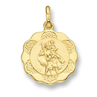 Beautiful yellow gold St Christopher pendant with intricate detailing and scalloped edge design