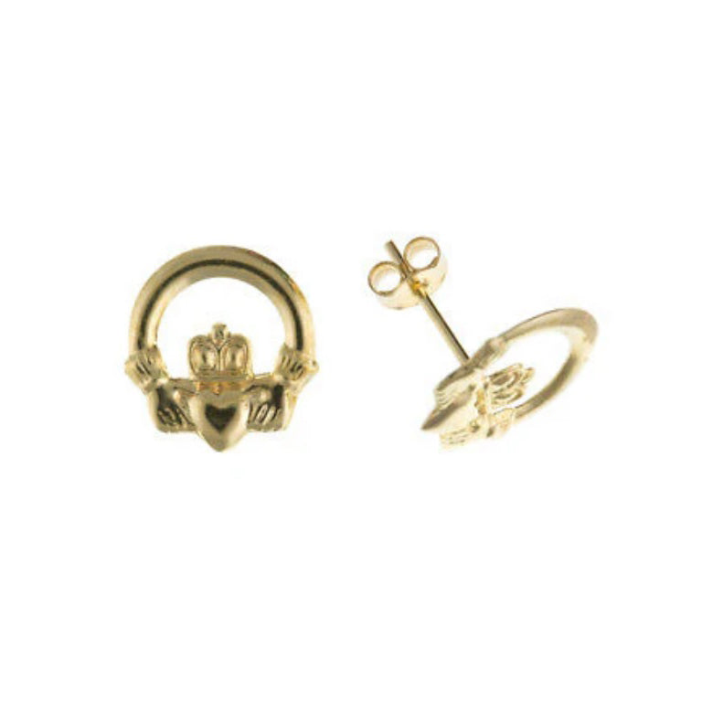 9ct Claddagh Stud Earrings Solid Yellow Gold Studs British Made