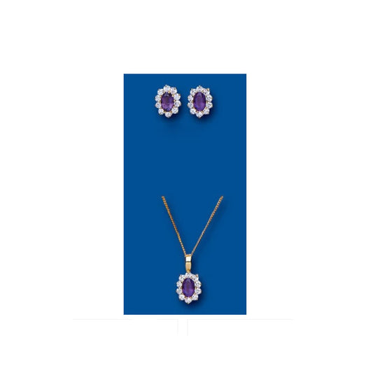 Yellow Gold Real Amethyst & Cluster Earrings & Pendant Set With Chain Hallmarked