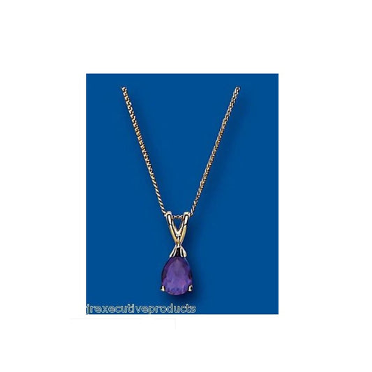 Yellow Gold Amethyst Pendant Pear Solitaire 18" Chain Hallmarked British Made