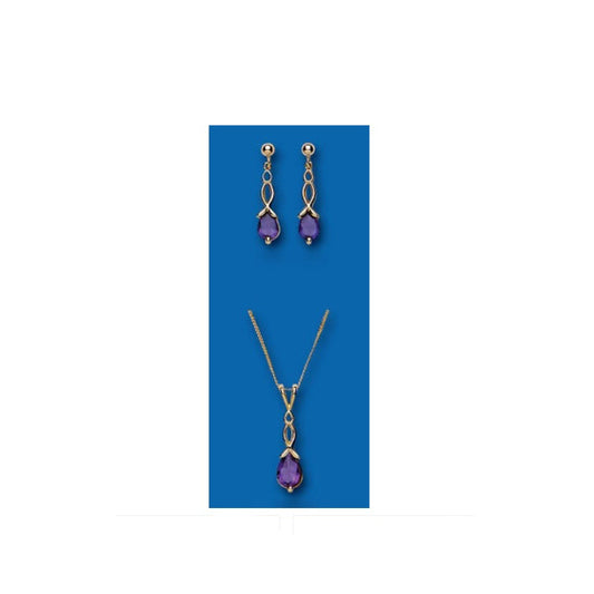 Gold Amethyst Pendant and Earrings Set Yellow Gold Solid Hallmarked