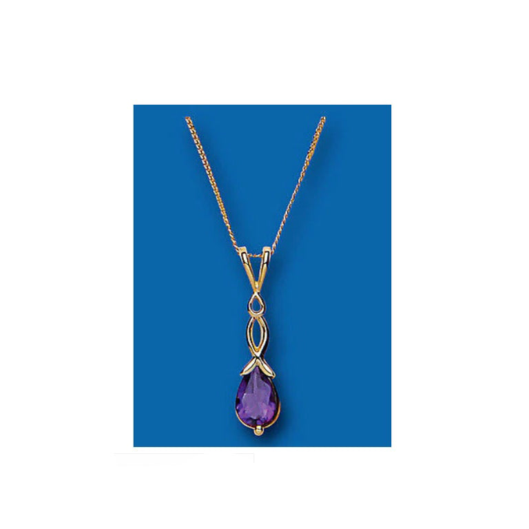 Yellow Gold Amethyst Pendant Twist Design Solitaire 18" Chain Hallmarked British