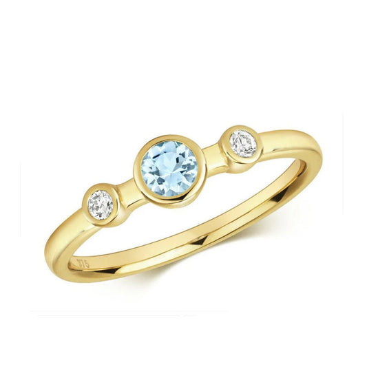 9ct yellow Gold Aquamarine and Diamond Ring Three Stone Trilogy Size J - Q