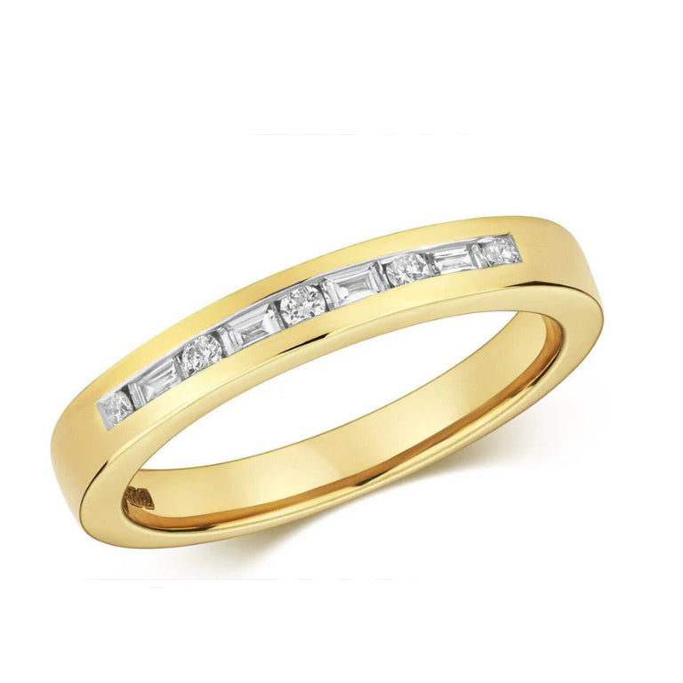 Real Diamond Half Eternity Ring 9ct Yellow Gold Round and Baguette Cut Band