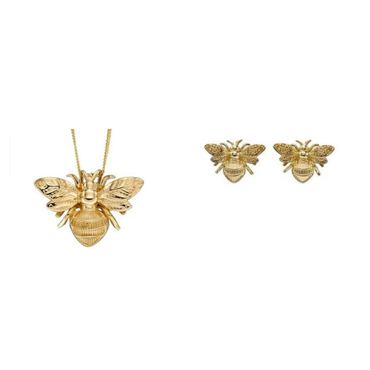 Yellow Gold Bee Pendant and Earrings Set Hallmarked 16, 18 or 20" Chain