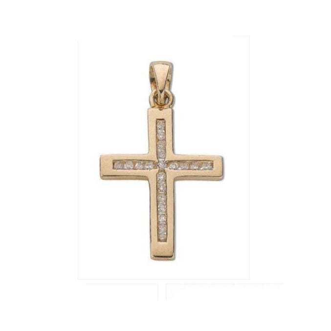 9ct Yellow Gold 0.15ct Diamond Cross Pendant Hallmarked Channel set Diamonds