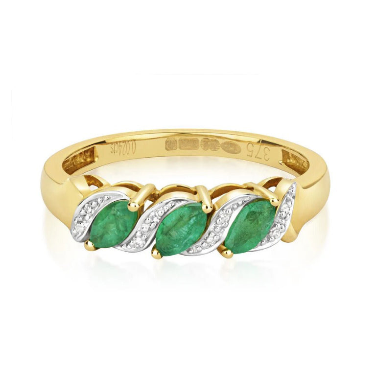 Real Emerald and Diamond Ring Solid Yellow Gold Three Stone Marquise Trilogy
