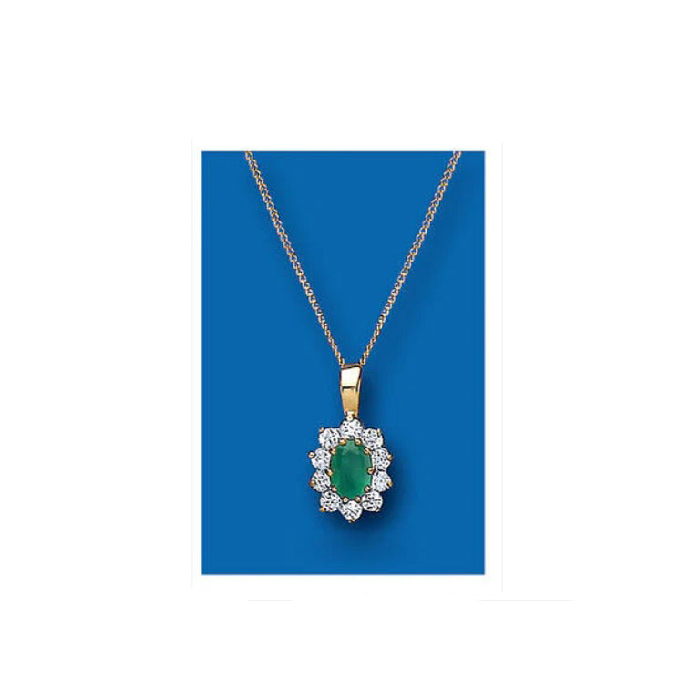 Yellow Gold Emerald Pendant Cluster Necklace 18" Chain Hallmarked British Made