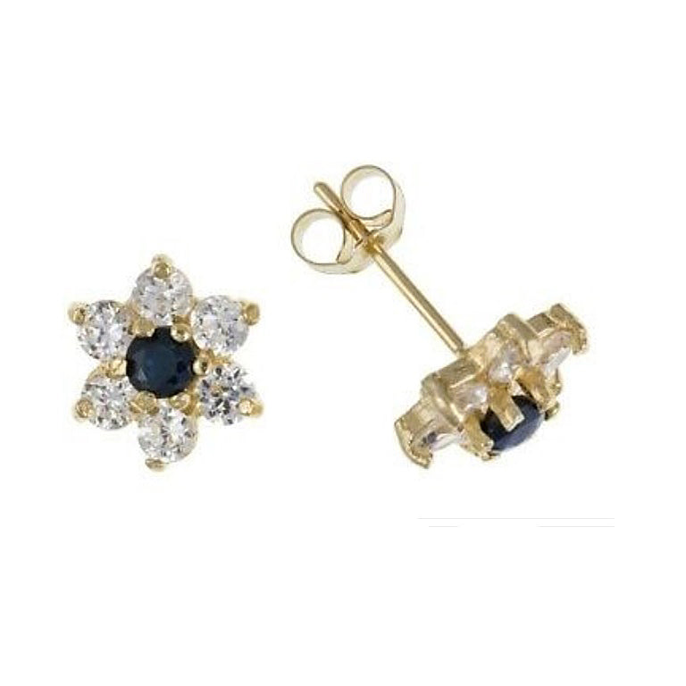 9ct Gold Sapphire Cluster Earrings Flower Studs Yellow Gold September Birthstone