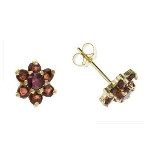 9ct Gold  Garnet Earrings Yellow Gold Cluster January Birthstone Hallmark