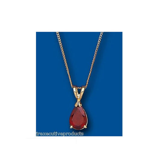 Yellow Gold Garnet Pendant Pear Solitaire 18" Chain Hallmarked British Made
