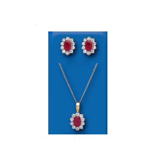Gold Garnet Pendant and Earrings Set Cluster Solid Yellow Gold Hallmarked