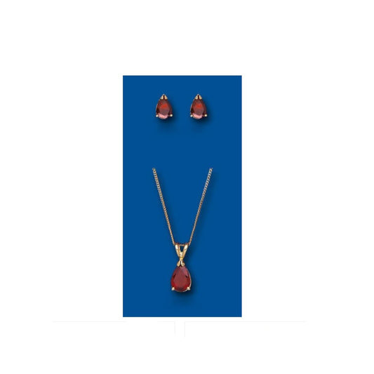 Gold Garnet Pendant & Earrings Set Pear Stud Solid Yellow Gold Hallmarked
