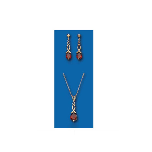 Gold Garnet Pendant & Earrings Set Solid Yellow Gold Hallmarked Drop Earrings