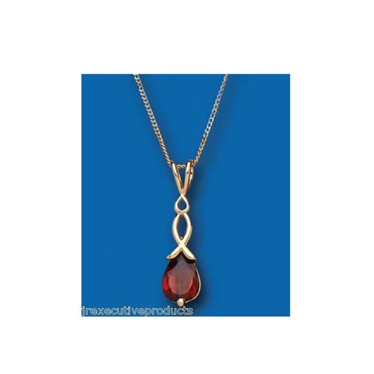 Yellow Gold Garnet Pendant Twist Solitaire 18" Chain Hallmarked British Made