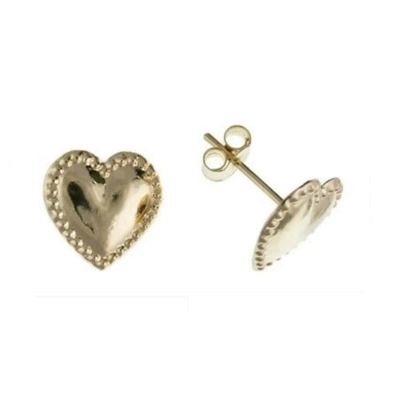 9ct Heart Stud Earrings Beaded Edge Studs Yellow Gold British Made