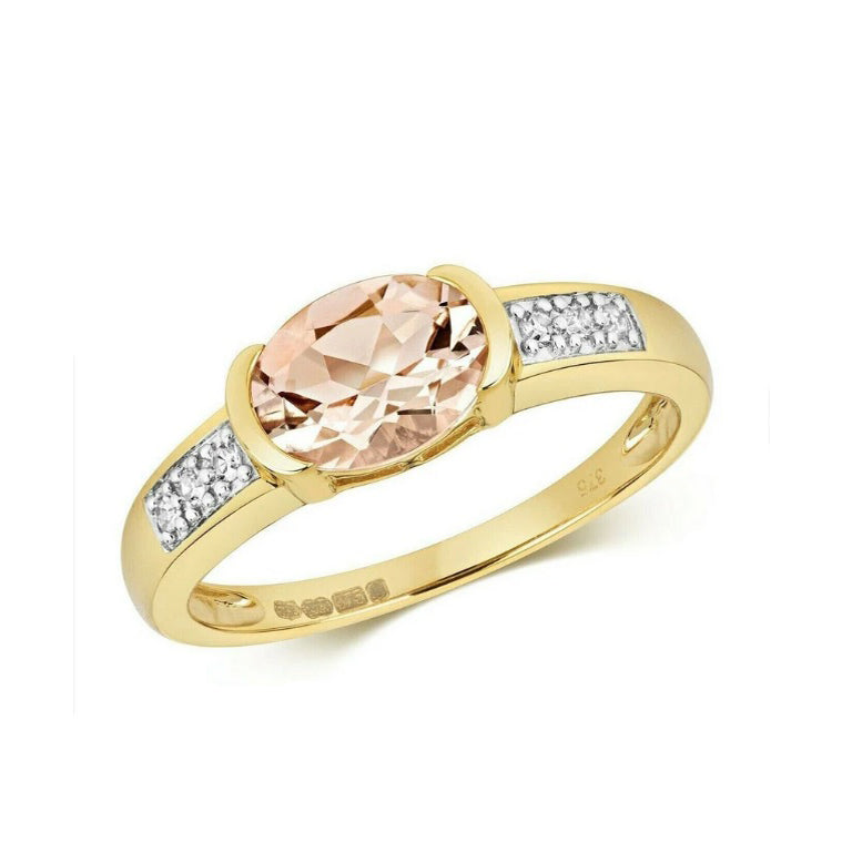 9ct Yellow Gold Morganite and Diamond Ring Oval Solitaire Size J K L M N O P Q