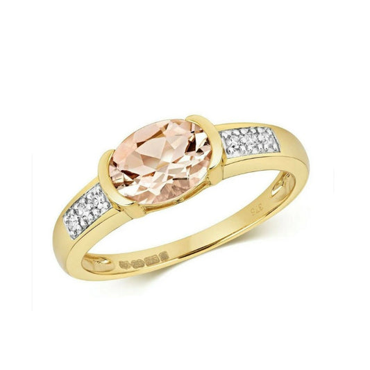 9ct Yellow Gold Morganite and Diamond Ring Oval Solitaire Size J K L M N O P Q