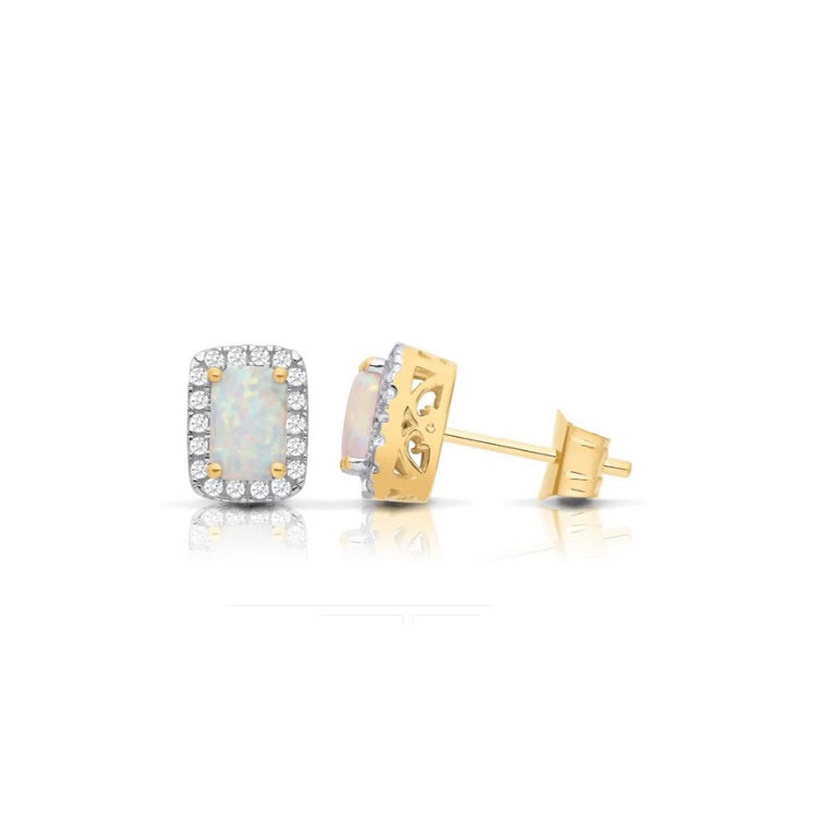 9ct Yellow Gold Opal Cluster Stud Earrings Emerald Cut Studs Hallmarked