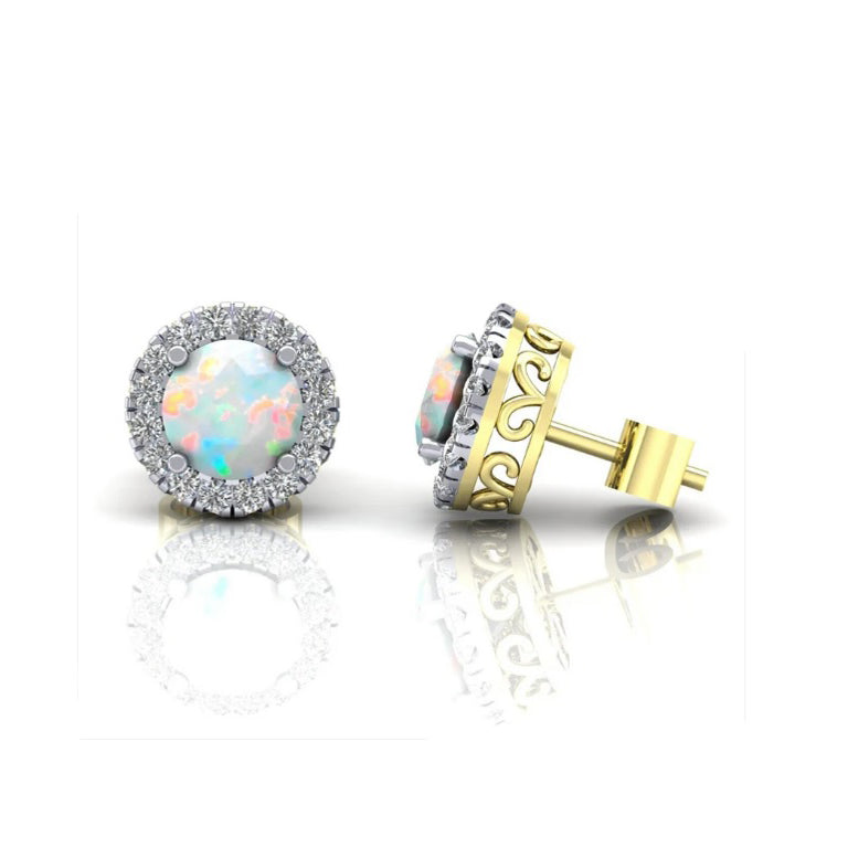 9ct Yellow Gold Opal Cluster Stud Earrings 8mm Round Studs Hallmarked