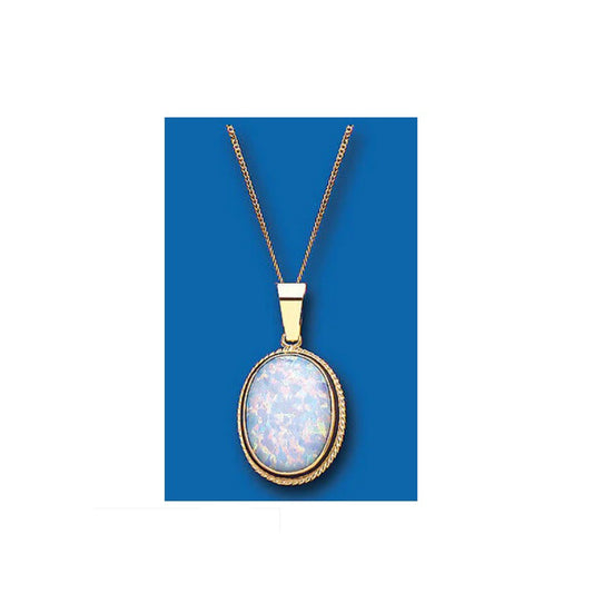 Yellow Gold Opal Pendant Oval Solitaire Necklace 18" Chain Hallmarked