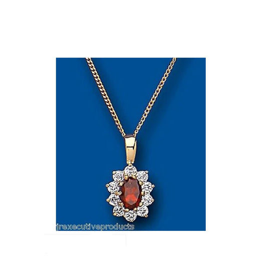 Yellow Gold Garnet Pendant Oval Cluster Natural Stones 18" Chain Hallmarked