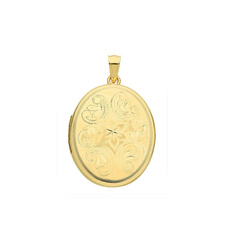Yellow Gold Oval Locket Solid 9 Carat Hallmarked Scroll Pattern British Made