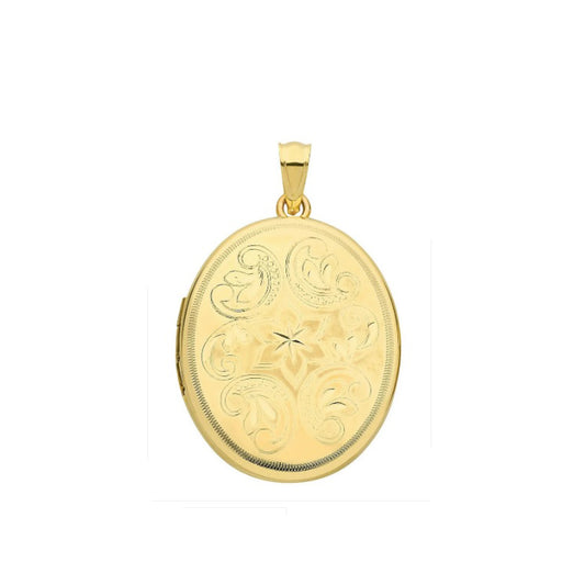 Yellow Gold Oval Locket Solid 9 Carat Hallmarked Scroll Pattern British Made